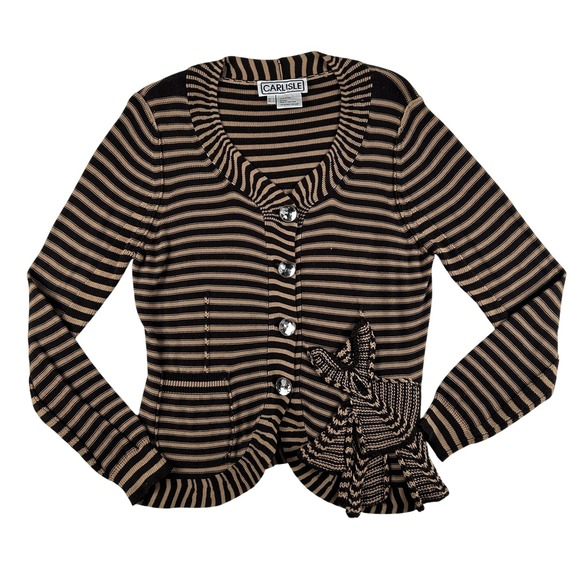 Carlisle Sweaters - Vtg Carlisle Cardigan Sweater Womens Large Stripe Ruffle Rhinestone Button Y2K